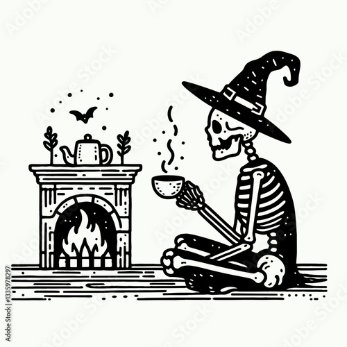 Skeleton wearing a witch hat sips tea by a spooky fireplace a minimalist vector illustration depicting autumnal spookiness