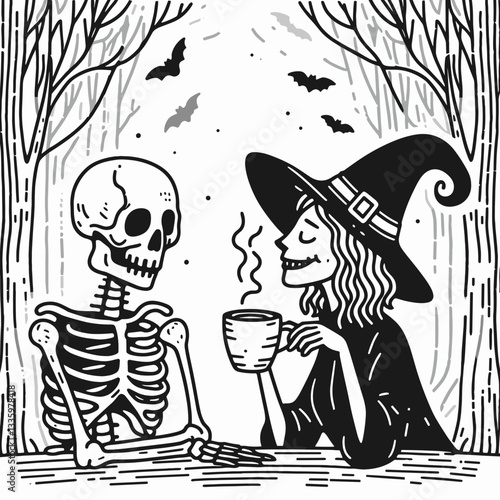 Skeleton wearing a witch hat sips coffee before a foggy eerie forest a minimalist vector illustration depicting spectral autumnal charm