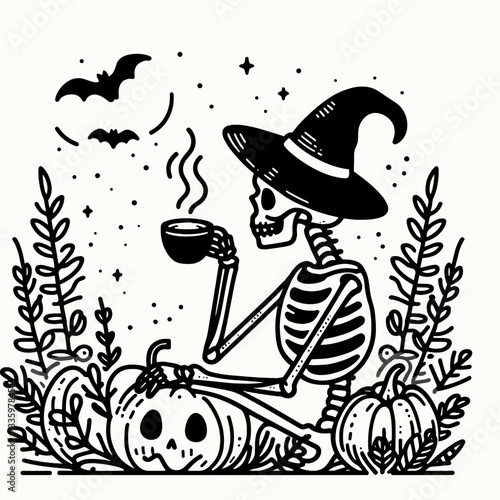 Skeleton wearing witch hat sipping coffee in a haunted forest a minimalist vector illustration depicts spooky autumn vibes