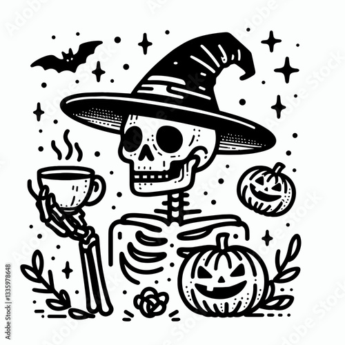 Skeleton wearing a witch hat holding a teacup with glowing jack o lanterns clean clear flat design vector illustration for a spooky autumn graphic