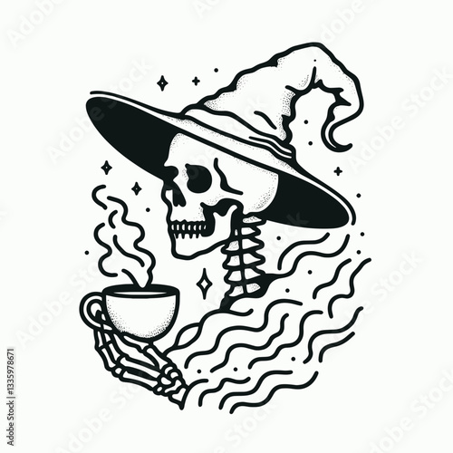 Skeleton wearing witch hat holding a teacup amidst foggy mist a simple vector illustration depicts a spooky autumnal scene
