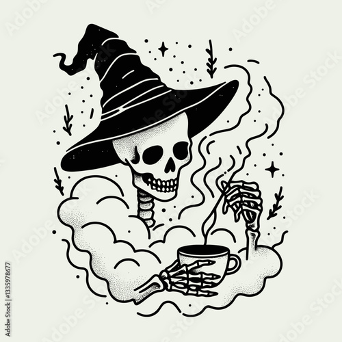 Skeleton wearing witch hat holding a teacup with foggy mist a simple vector illustration of spooky autumn charm