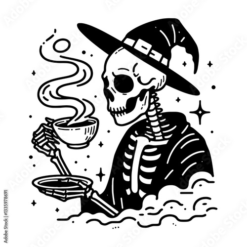 Skeleton wearing a witch hat holding a teacup amidst foggy mist a simple vector outline drawing