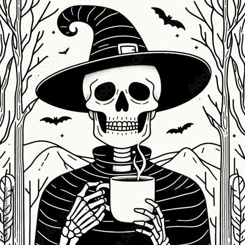 Skeleton wearing a witch hat holding a coffee mug in a ghostly forest a minimalist vector outline drawing depicts spectral autumn vibes.