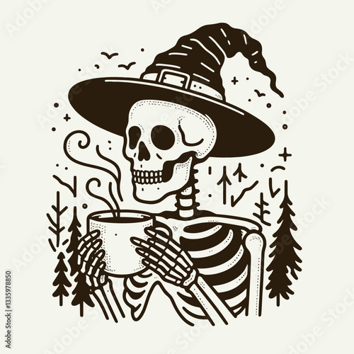 Skeleton wearing witch hat holding a coffee mug in a ghostly forest a simple minimalist vector outline illustration depicts spectral autumnal vibes.