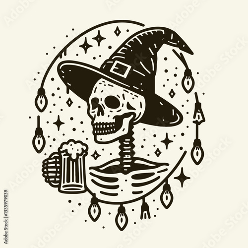 Skeleton wearing witch hat holding a beer with eerie Halloween lights a simple flat design vector illustration depicts spooky autumn fun