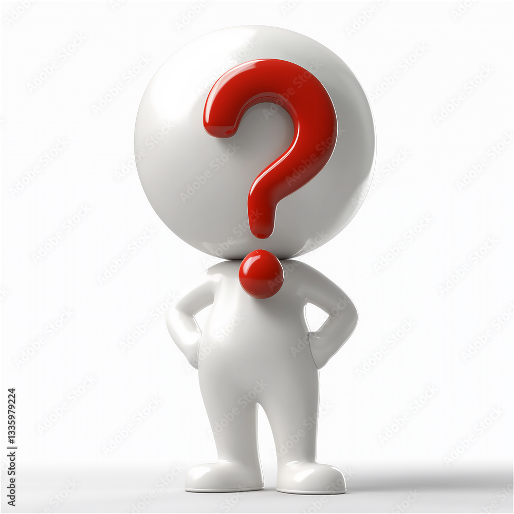 3D Render: White Figure with Red Question Mark Head on White Background - Questioning, Uncertainty, Problem Solving Concept 3D Render: White Figure with Red Question Mark Head on White Background - Questioning, Uncertainty, Problem Solving Concept