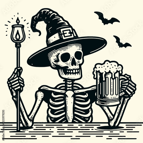 Skeleton wearing a witch hat holding a beer mug in a dimly lit pub a simple flat design vector illustration shows spooky tavern fun
