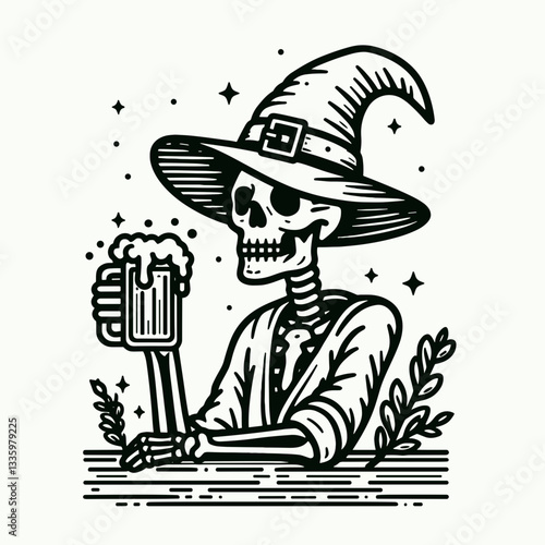 Skeleton wearing witch hat holding a beer mug in a dimly lit pub minimalist vector illustration depicts a spooky pub scene