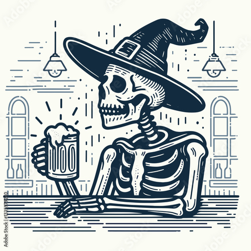 Skeleton wearing a witch hat holding a beer mug in a dimly lit pub a simple vector illustration depicts a spooky pub night