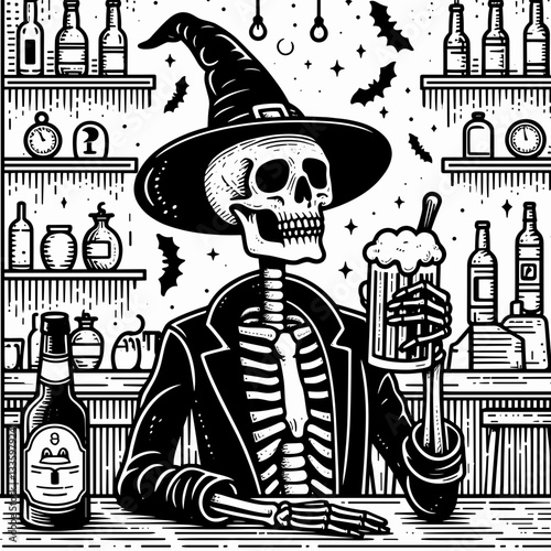 Skeleton wearing witch hat holding a beer in a Halloween themed pub a simple flat design vector illustration of spooky fun