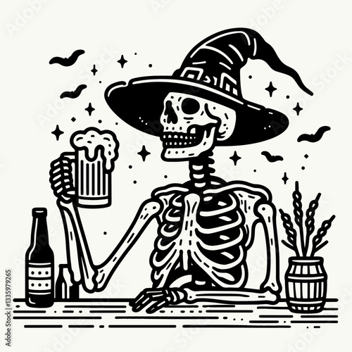 Skeleton wearing witch hat holding a beer in a Halloween themed pub a simple vector outline drawing depicts a spooky pub scene