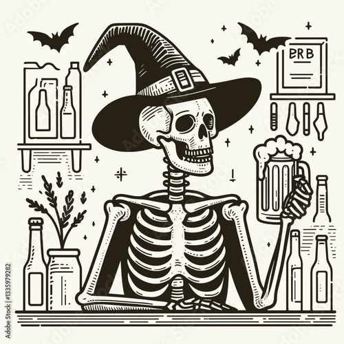Skeleton wearing witch hat holding a beer in a Halloween themed pub clean flat design vector illustration shows spooky festive fun