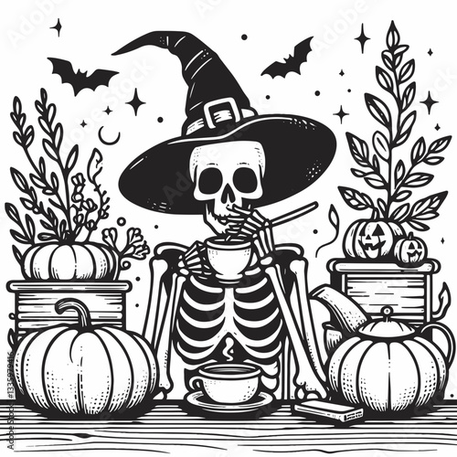 Skeleton wearing a witch hat enjoys tea with pumpkins and creepy decorations a clean flat design vector illustration showcasing autumnal spooky charm