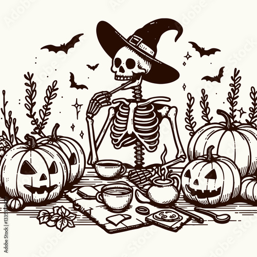 Skeleton wearing a witch hat enjoys tea with pumpkins and creepy decorations a simple flat design vector illustration