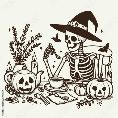 Skeleton wearing witch hat enjoys tea with pumpkins and creepy decorations a clean clear flat design vector illustration showing autumnal spooky fun
