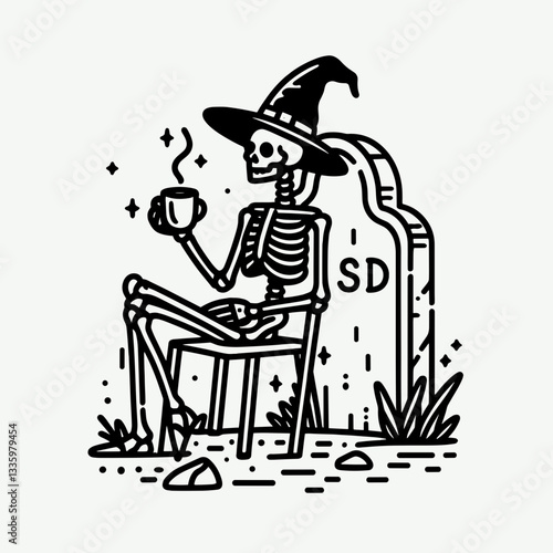 Skeleton wearing witch hat enjoys coffee sitting on tombstone a simple vector illustration depicting spooky autumn vibes