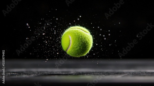 A tennis ball in mid-air, with a black background and white tennis ball.