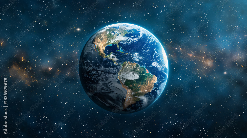 Fototapeta premium Planet Earth globe view from space showing realistic Earth surface and world map as seen from outer space. Photos of planet Earth from space.