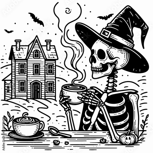 Skeleton wearing a witch hat enjoys coffee in a haunted house a simple monochrome vector illustration