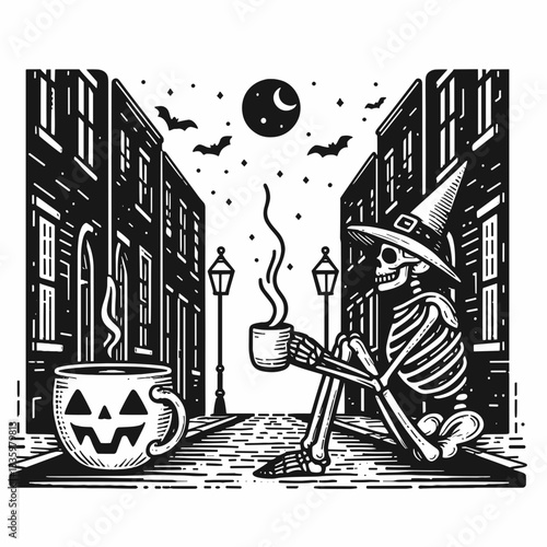Skeleton wearing a witch hat drinks coffee in a dark haunted alley a simple monochrome vector illustration