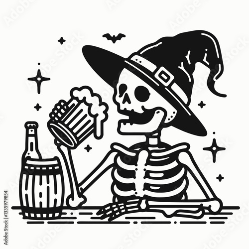 Skeleton wearing witch hat drinking beer in a spooky tavern flat design vector illustration shows a spooky night at the pub