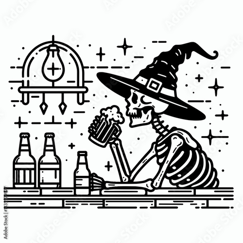 Skeleton wearing witch hat drinking beer in a spooky tavern a simple monochrome vector illustration depicts a ghostly Halloween pub scene.
