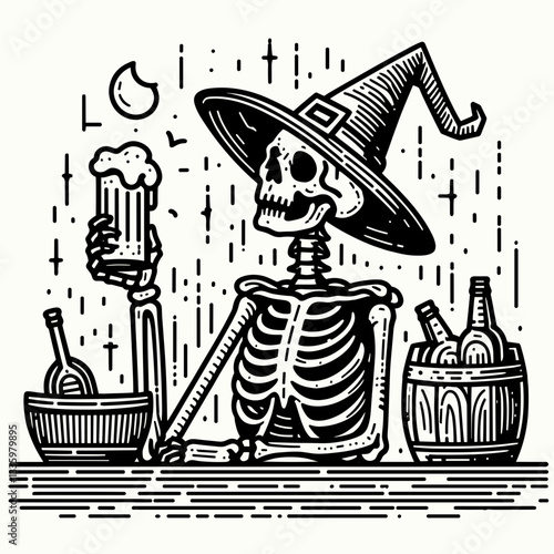 Skeleton wearing a witch hat drinks beer in a spooky tavern a simple monochrome vector illustration showing a spooky pub scene