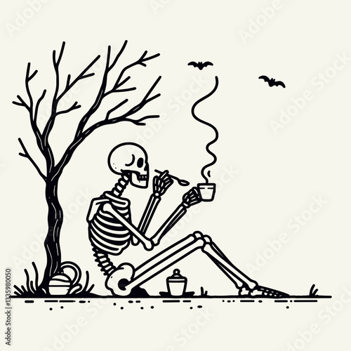 Skeleton sipping tea while sitting under a spooky tree flat design illustration vector graphic simple monochrome minimalist style depicts a bone chilling autumn scene
