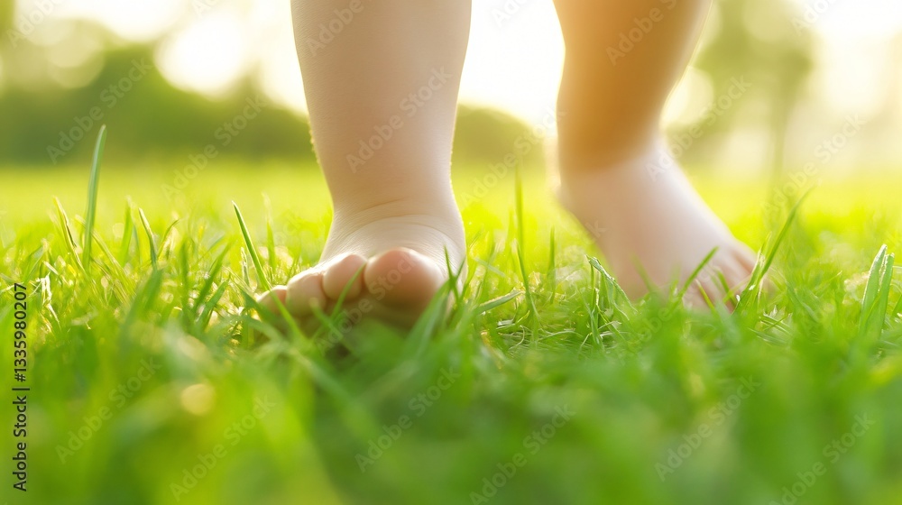 Barefoot child walking on lush green grass, carefree spirit, nature connection, vibrant outdoors, joyful exploration, copy space available. Barefoot child walking on lush green grass, carefree spirit, nature connection, vibrant outdoors, joyful exploration, copy space available.