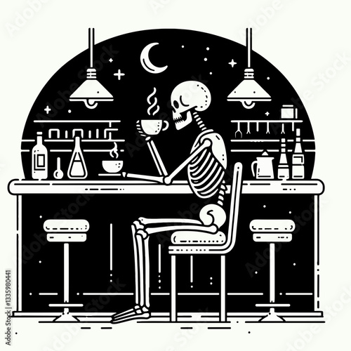 Skeleton sipping coffee in a dimly lit Halloween café flat design illustration vector graphic a spooky minimalist monochrome silhouette.