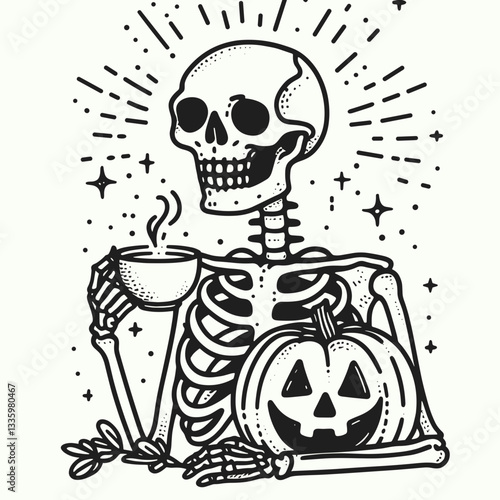 Skeleton holding a tea cup with glowing jack o lanterns flat design illustration vector graphic simple monochrome minimalist silhouette doodle depicts a spooky autumnal afternoon tea party