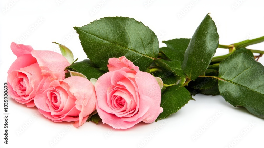 Fototapeta premium Pink roses with green leaves in watercolor style, symbolizing natural beauty and delicate elegance. 