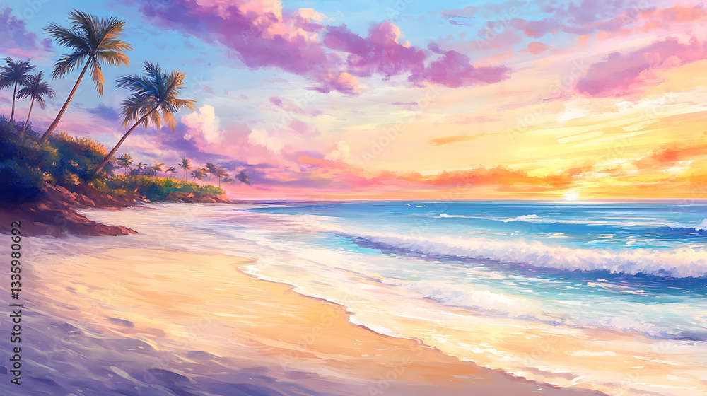 A vibrant beach scene at sunset, featuring palm trees, golden sand, and colorful clouds reflecting on the tranquil ocean waves A vibrant beach scene at sunset, featuring palm trees, golden sand, and colorful clouds reflecting on the tranquil ocean waves