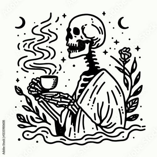 Skeleton holding a tea cup with eerie mist around flat design illustration vector graphic shows a spooky afternoon tea party