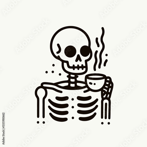 Skeleton holding a tea cup with a creepy smile flat design illustration vector graphic simple monochrome minimalist silhouette doodle depicts a spooky afternoon tea party