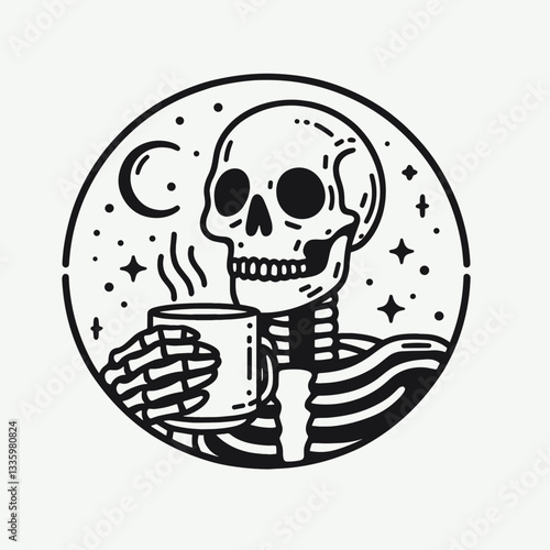 Skeleton holding a coffee mug with a spooky face design flat design illustration vector graphic shows a grinning skull enjoying a spooky brew