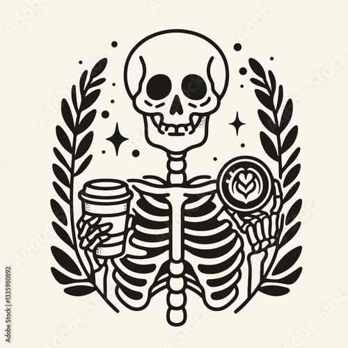 Skeleton holding a coffee cup with Halloween themed latte art flat design illustration vector graphic simple monochrome minimalist silhouette doodle depicts a spooky autumnal beverage.