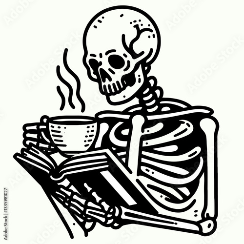 Skeleton holding a coffee cup while reading a book flat design illustration vector graphic simple minimalist monochrome silhouette doodle of a spooky bookworm enjoying a caffeine break