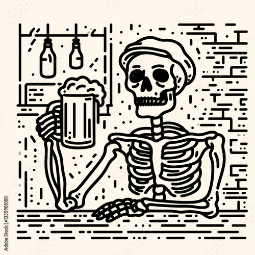 Skeleton holding a beer mug in a dimly lit pub flat design illustration vector graphic shows a jovial undead enjoying a pint minimalist style.