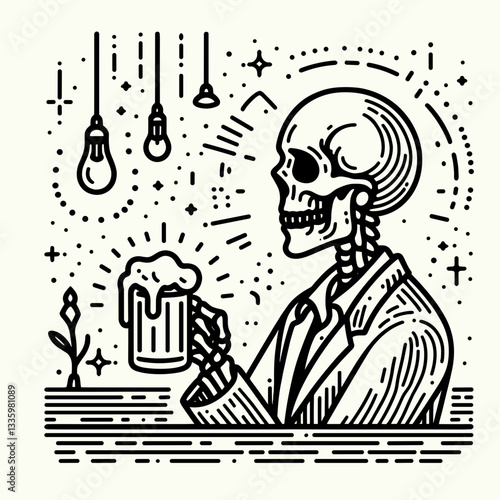 Skeleton holding a beer mug in a dimly lit pub flat design illustration vector graphic of a ghostly pub patron enjoying a pint