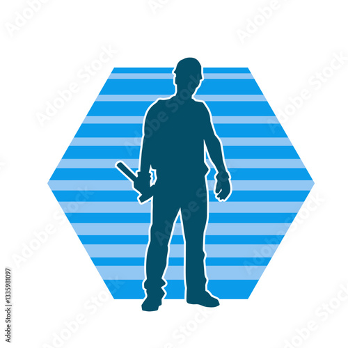 Silhouette of a worker carrying hammer tool. Silhouette of a worker in action pose using hammer tool.