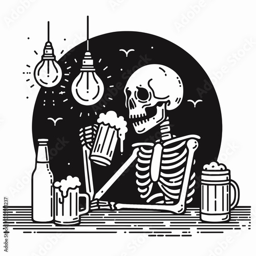 Skeleton enjoying beer with eerie lighting in a pub flat design vector illustration a spooky nightcap at the tavern