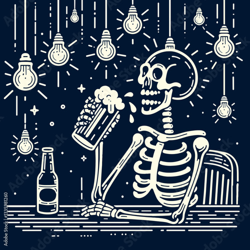 Skeleton enjoying beer with eerie lighting in a pub flat design vector illustration a spooky pub night monochrome graphic