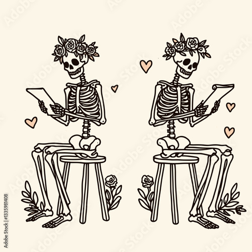 Skeleton couple wear flower crown writing love letters a minimalist graphic depicting undying affection