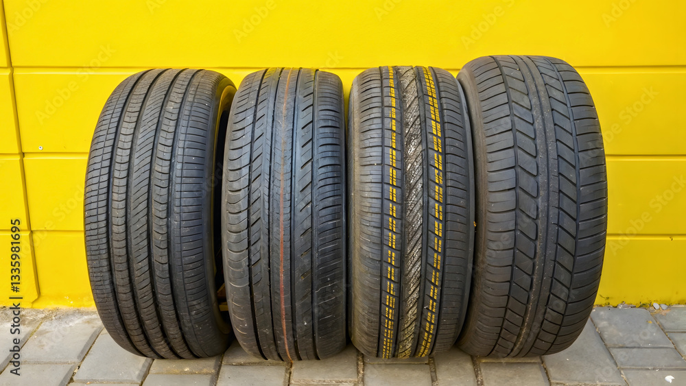 Four Used Tires Lean Against A Vibrant Yellow Wall, Showcasing Their Worn Treads And Varying Patterns, A Testament To Miles Traveled And Adventures Undertaken Four Used Tires Lean Against A Vibrant Yellow Wall, Showcasing Their Worn Treads And Varying Patterns, A Testament To Miles Traveled And Adventures Undertaken