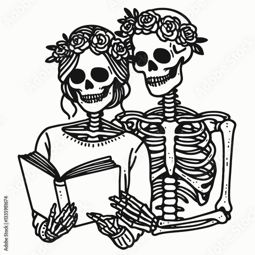 Skeleton couple wearing flower crowns and glasses read a book minimalist vector drawing