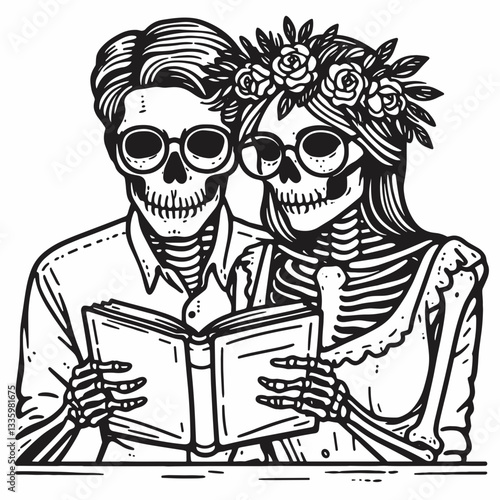 Skeleton couple wearing flower crowns and glasses read a book minimalist vector outline drawing