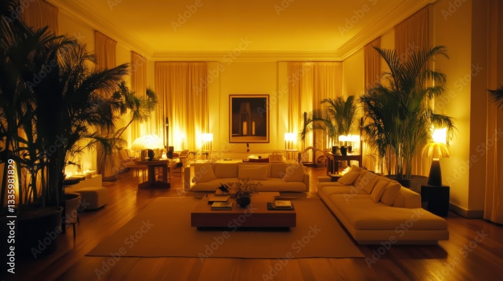 Modern Living Room with Soft Lighting and Tall Plants