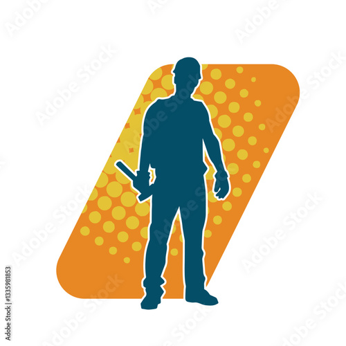 Silhouette of a worker carrying hammer tool. Silhouette of a worker in action pose using hammer tool.